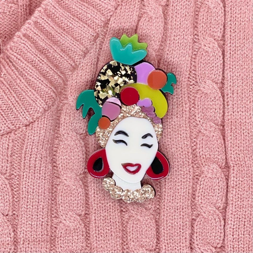 Carmen Miranda Retro Acrylic Brooch Vintage Inspo Woman with Fruit Headress Pin